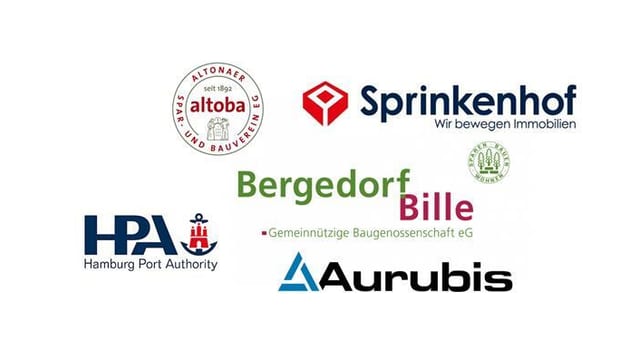 Das Bild ist eine Collage aus mehreren Logos von Referenzen. Zu sehen sind die Logos von Spar- und Bauverein Altona, HPA, Bergedorf Bille, Arubis und Sprinkenhof.