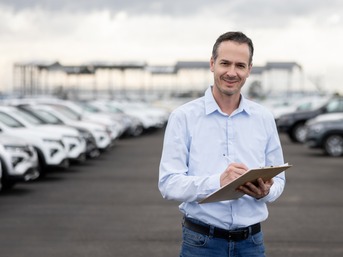 Ein Mann steht auf einem großen Flottenparkplatz zwischen mehreren weißen Fahrzeugen und hält ein Tablet in der Hand. Er blickt lächelnd in die Kamera.